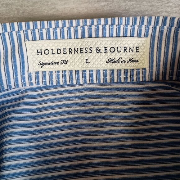 Holderness & Bourne Men L Blue Striped Performance "Cherry Hills" Golf Logo Polo - Picture 2 of 8